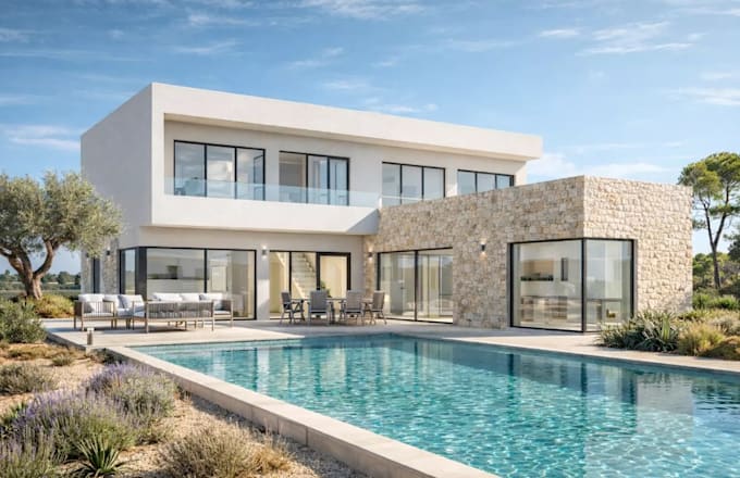 3d mediterranean house,duplex villa design,open plan interior,d5 bedroom render