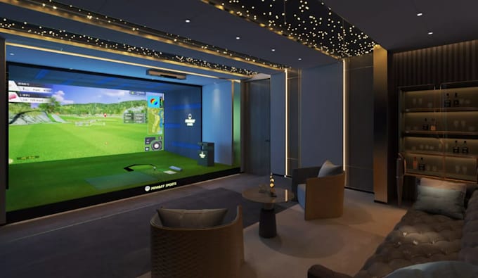 redesign 3d golf simulator,hitting mat,impart screen,golf showroom,indoor lounge
