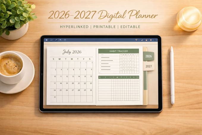 create all in one 2026 2027 digital planner canva template hyperlinked journal