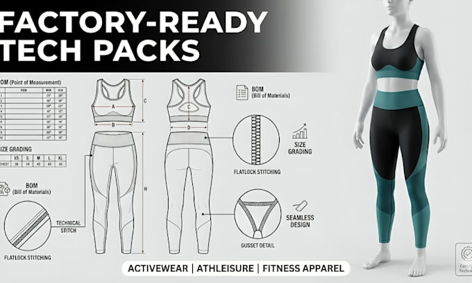 create factory ready activewear tech pack with bom, grading and athleisure