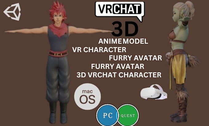 design anime vrchat avatar, vrc model, and full body tracking ready character