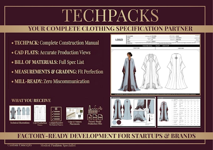 create fashion tech pack for abaya kaftan and modest wear brands