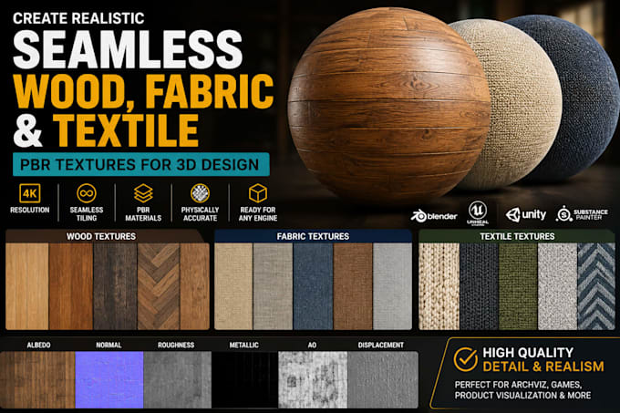 create realistic seamless wood, fabric and textile pbr textures for 3d design