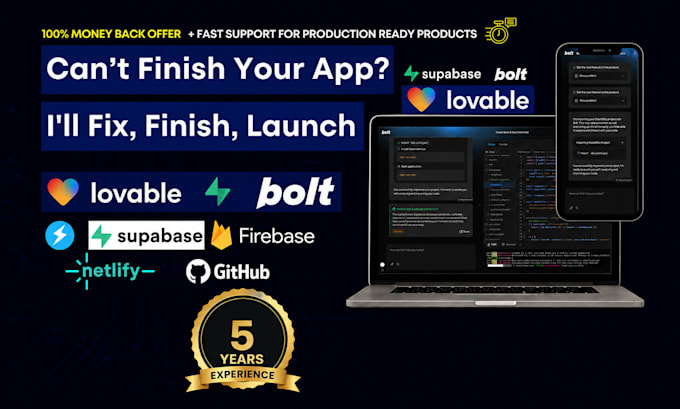 fix, improve, complete and launch ai built web or app, lovable, bolt, base44