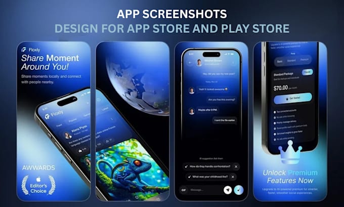 design app screenshots for play store and app store