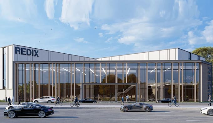 construct 3d exterior warehouse building,glass facade,driveway design,d5 render
