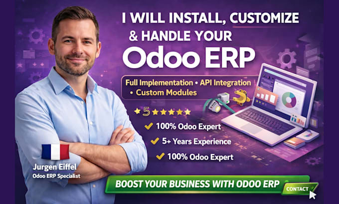 install, customize and handle odoo erp implementation modules, API integration