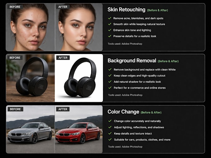 photo retouching, background removal, color change