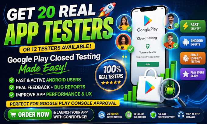 provide 12 testers or 20 testers for google play closed testing 20 testers