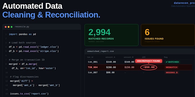 reconcile your CSV or excel data and find all discrepancies
