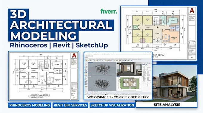 make 3d modeling architecture with rhinoceros, revit, sketchup