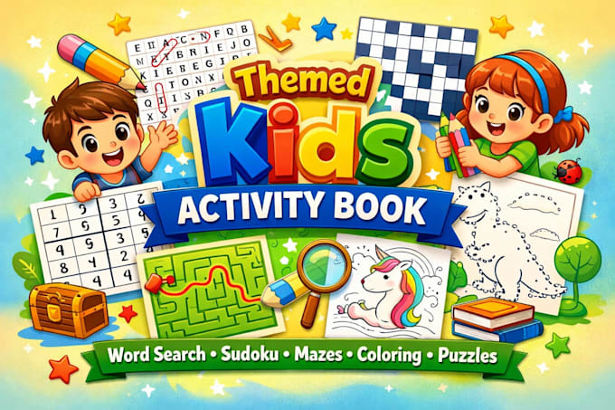 Create themed kids activity book puzzles sudoku word search coloring ...