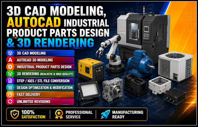 create 3d cad modeling, autocad industrial product parts design and 3d rendering