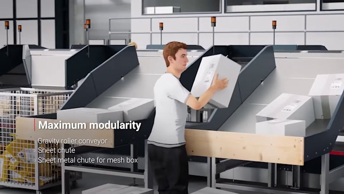 create 3d factory production line and industrial manufacturing process animation