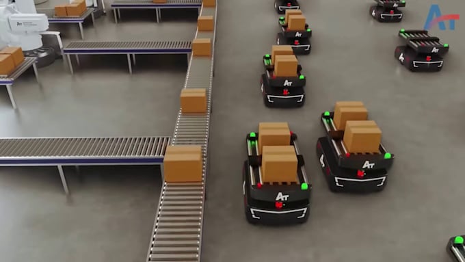 create 3d robotic packaging warehouse automation supply chain animation
