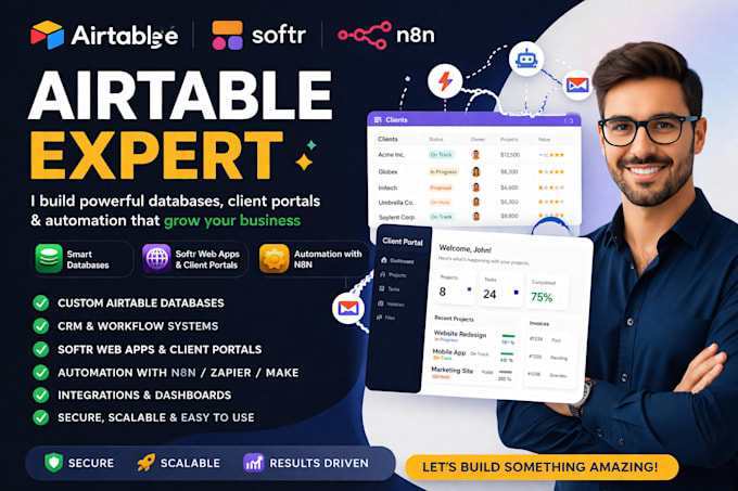 setup airtable database,CRM,softr webapp,n8n,client portal