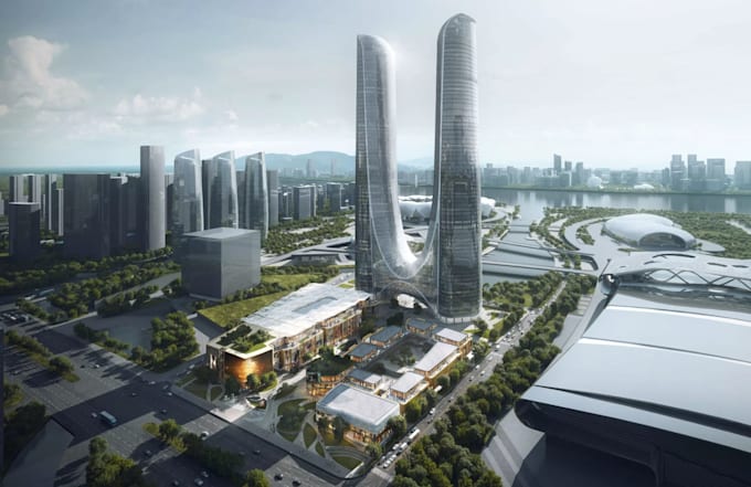 cgi shopping mall infrastructure,commercial tower render,3d retails atrium,plaza