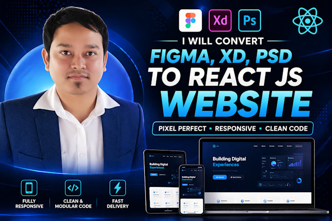 convert figma, xd, psd to responsive react js website