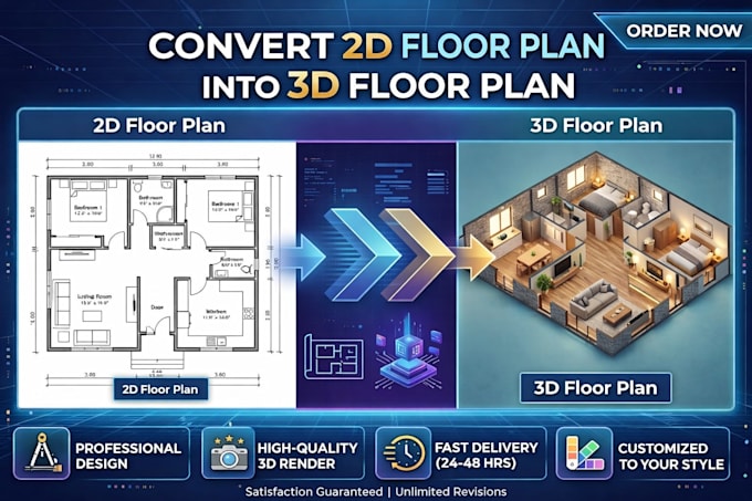 convert 2d floor plan in professional 3d model render