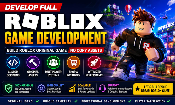 develop full roblox game development, build roblox original game no copy assets