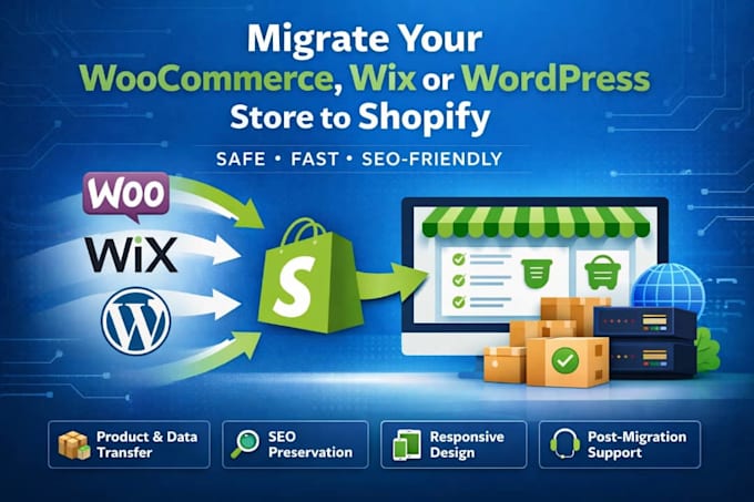 migrate woocommerce, wix, wordpress or shopware to shopify store