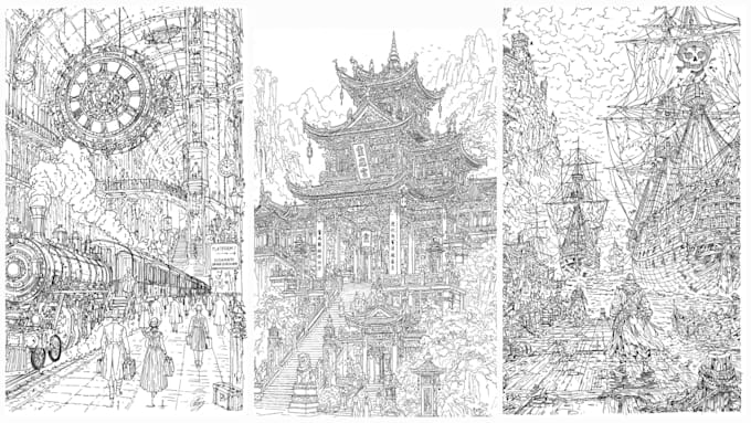 draw a detailed fantasy architecture ink illustration