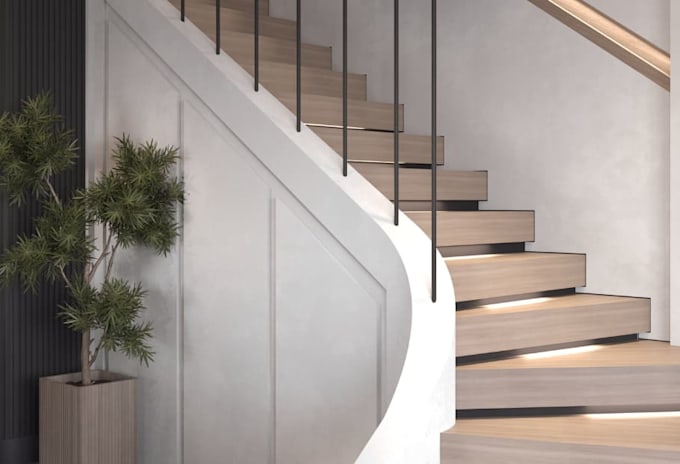 create staircase design, open plan living, marble thread, ensuite bedroom render