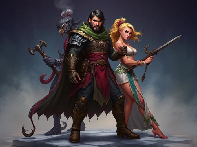 Dibujar arte de personajes de dnd, grupo de fantasía o arte conceptual