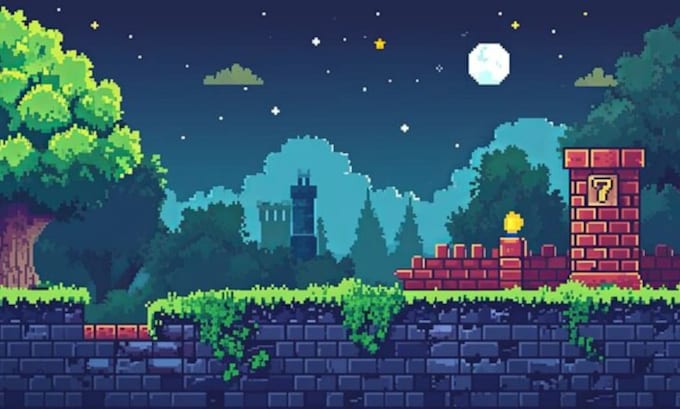 create pixel art background, landscape, illustration