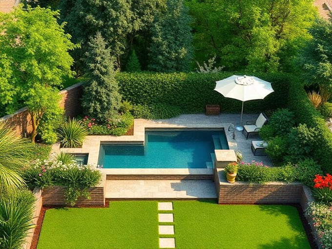 design layout 2d, landscape garden, backyard, pool