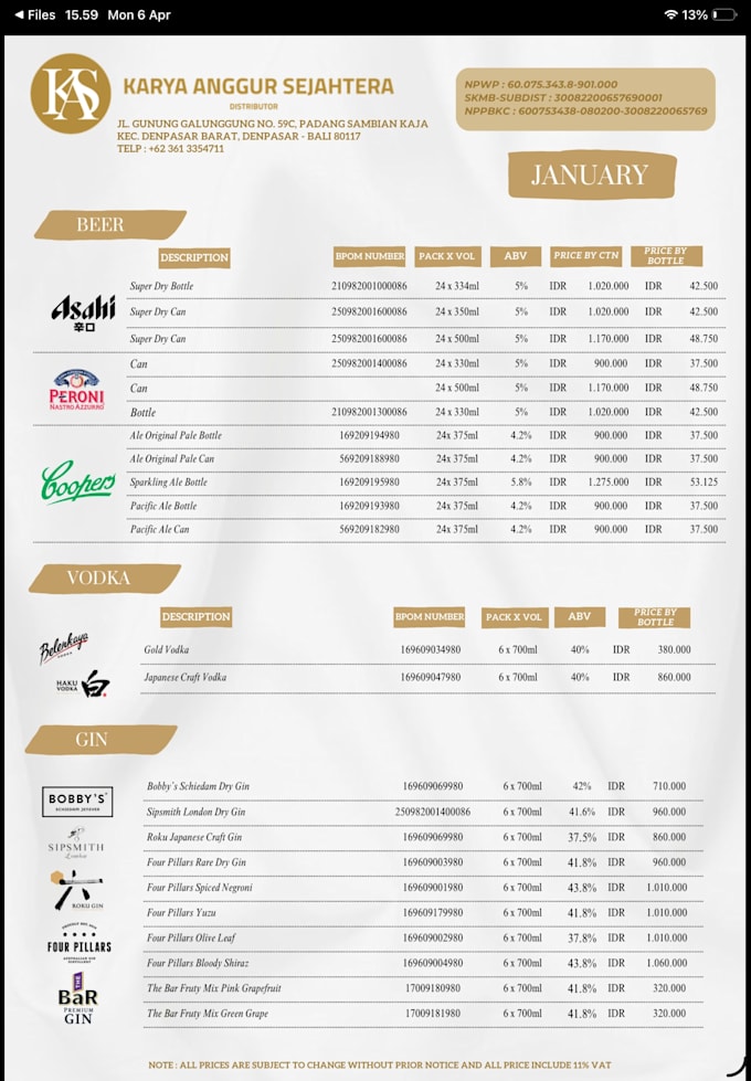 design pricelist for comercial