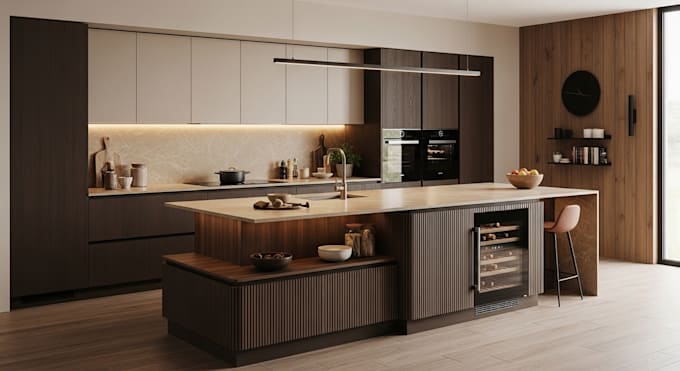 design, decorate modern kitchen interior with 3d render