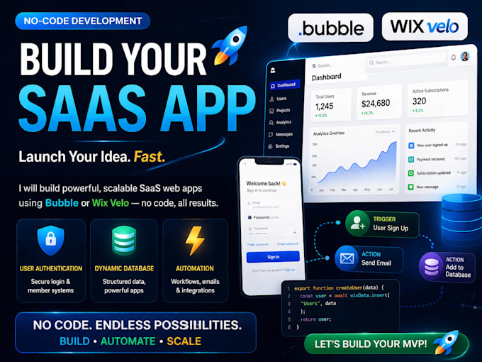 build no code saas web app using bubble or wix velo with dashboard and automatio
