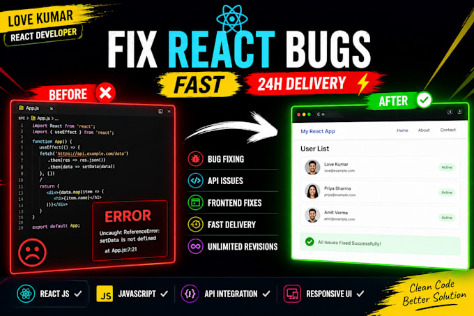 fix react js bugs, frontend issues, API errors fast in 24 hr