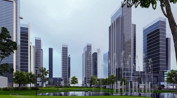 model 3d architectural render, high rise office building, commercial development