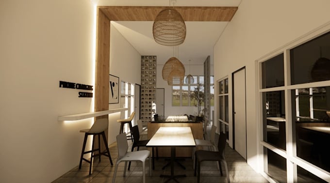 design small space 3d family store interior,dining area decor,bar counter render