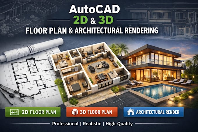 make autocad 2d, 3d floor plan design, architectural 3d rendering