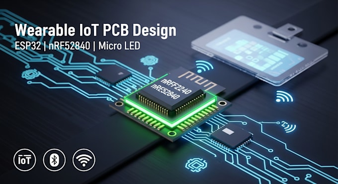 design wearable iot pcb, micro led, esp32 nrf52840 firmware