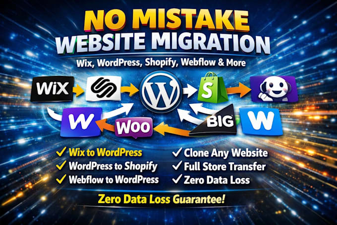 migrate clone wordpress to wix to shopify to webflow to woocommerce migration