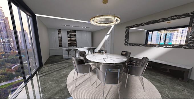 create a 3d luxury kitchen and open space dining interior design