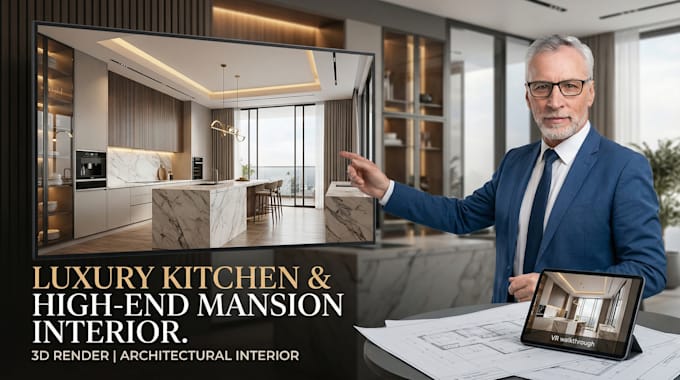 luxury kitchen and high end mansion interior, 3d render, architectural interior