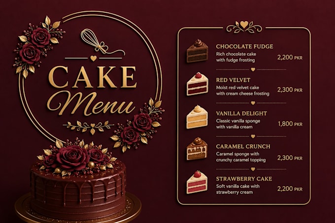 design a modern cake menu for bakery or cafe