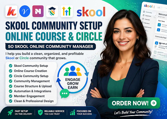 setup skool, skool community, skool online course and skool community manager