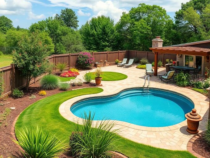 design landscape, backyard, front yard, garden, patio, pool