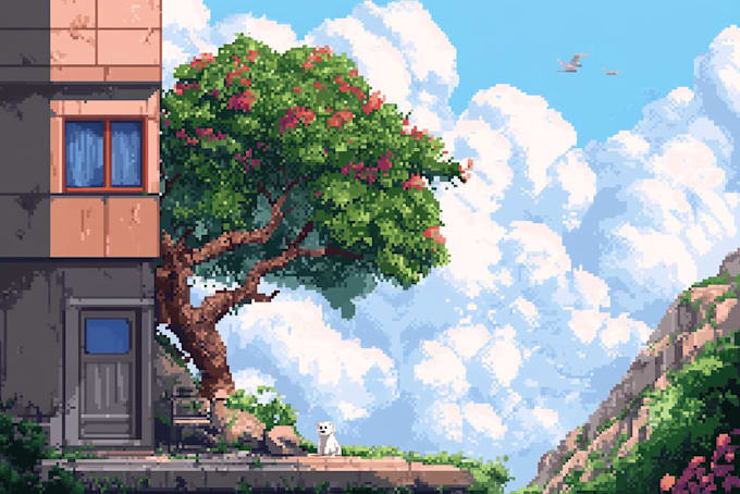 create pixel art background, landscape, illustration