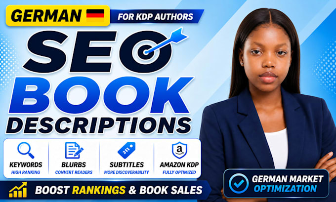 write SEO amazon KDP book description and keywords for german authors