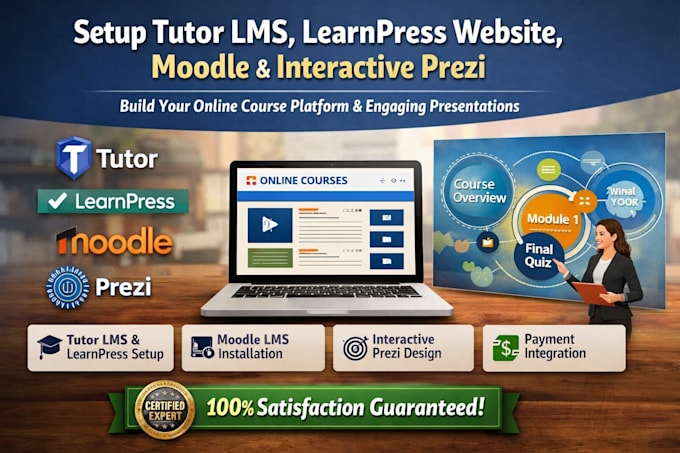 setup tutor lms, learnpress website, moodle lms and interactive prezi