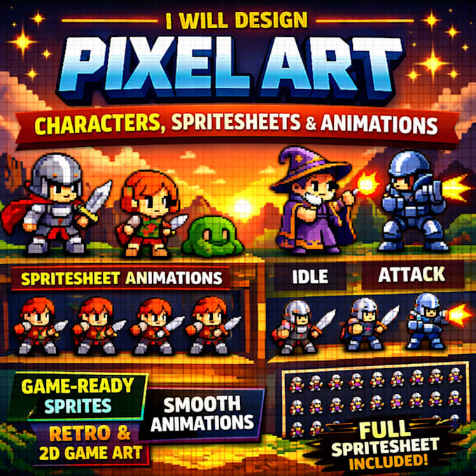 design pixel art characters, spritesheets and animations for games