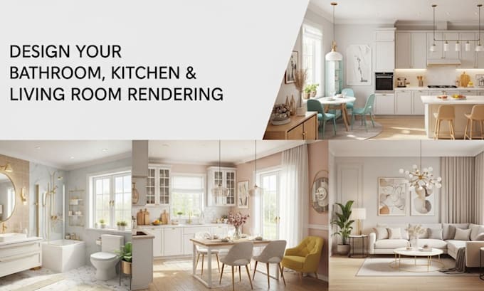 do bathroom, kitchen, living room interior design, 3d model and rendering
