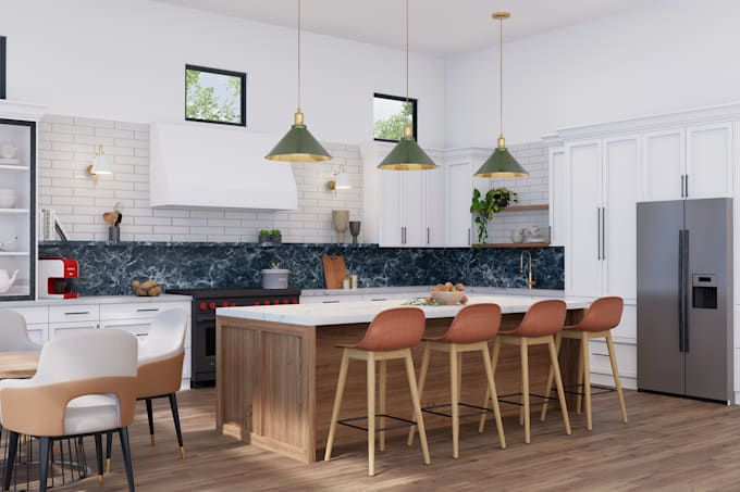 design kitchen interior and bathroom 3d rendering